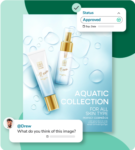 A comment and approval status update appear next to a static ad for moisturizer in Canto. A comment and approval status update appear next to a static ad for moisturizer in Canto.